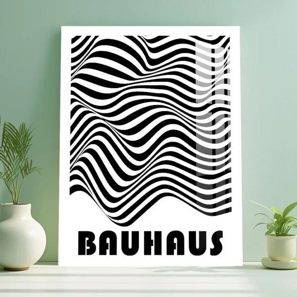 Bauhaus Wave Pattern – Dynamic Black and White Metal Poster