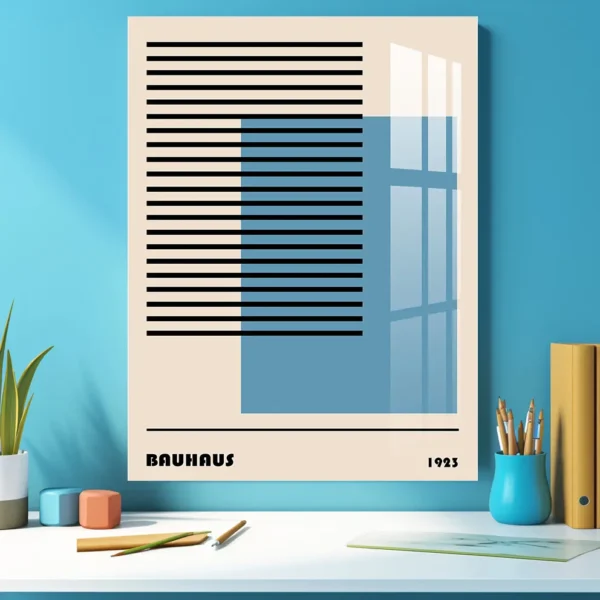Abstract Bauhaus Lines and Blue Square – Retro Modern Metal Poster