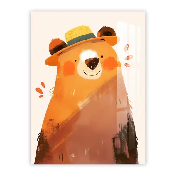 Happy Bear with Straw Hat – Cheerful Nursery Art Metal Poster
