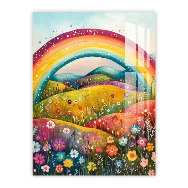 Rainbow Over Flower Fields – Magical Nursery Art Metal Poster