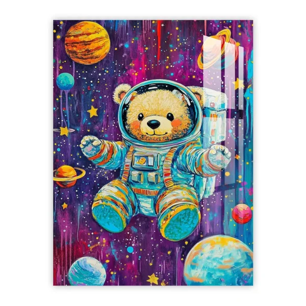Astronaut Bear in Space – Whimsical Nursery Art Metal Poster