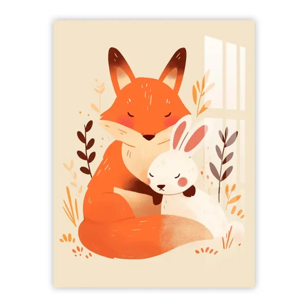 Fox and Rabbit Friends – Cozy Nursery Art Metal Poster