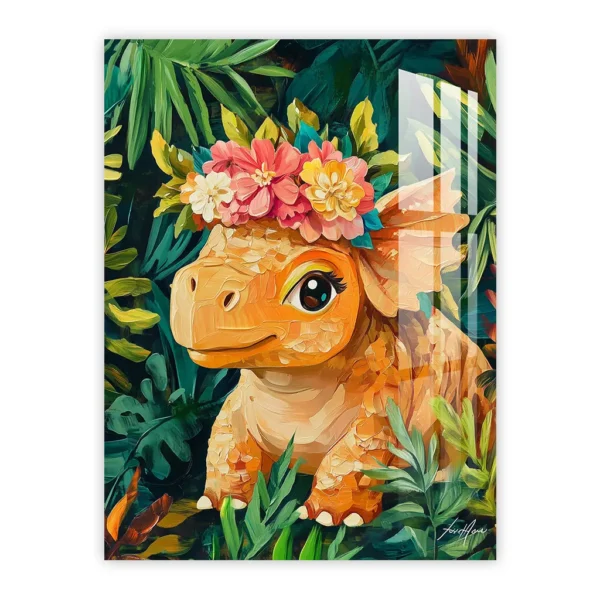 Flower Crown Triceratops – Whimsical Jungle Nursery Art Metal Poster