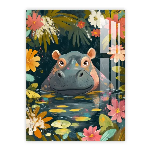 Friendly Hippo in a Jungle Pond – Colorful Nursery Art with Floral Accents