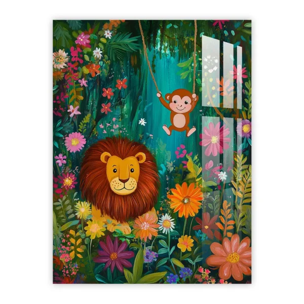 Playful Lion and Monkey Jungle Adventure – Colorful Nursery Art for Kids’ Rooms
