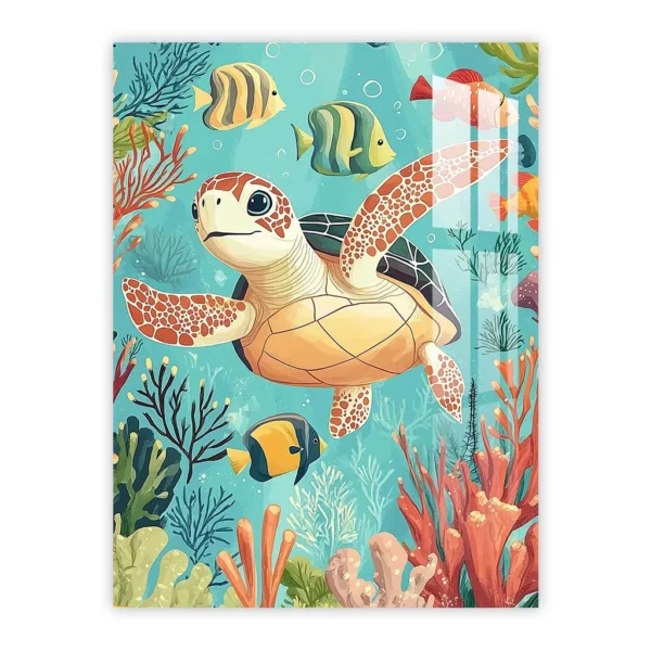 Friendly Sea Turtle in Vibrant Coral Reef – Underwater Nursery Art for Kids’ Rooms