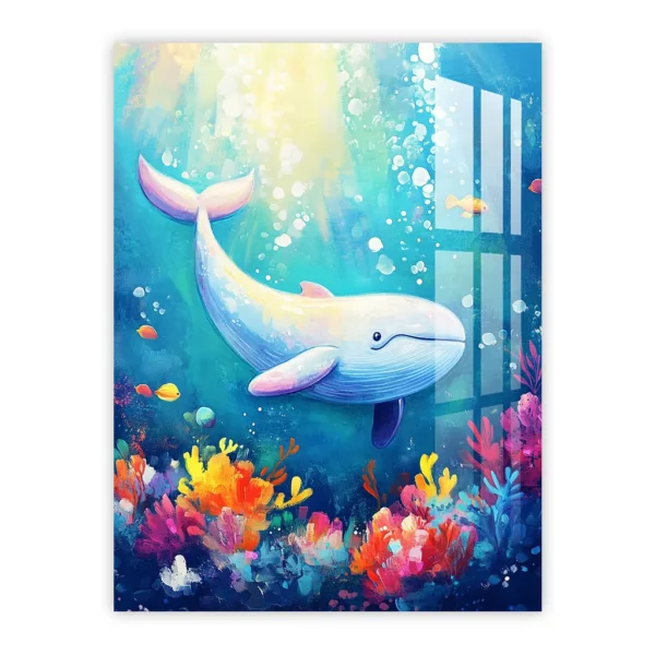 Happy Whale in Colorful Coral Reef – Underwater Adventure Nursery Art