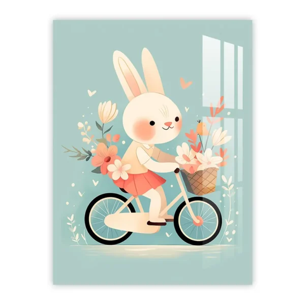 Happy Bunny on Bicycle – Whimsical Nursery Art with Floral Basket