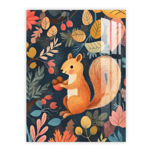 Playful Squirrel Gathering Acorns – Whimsical Forest Nursery Art Metal Poster