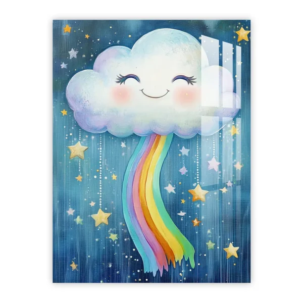 Smiling Cloud with Rainbow Trail – Magical Nursery Art Metal Poster