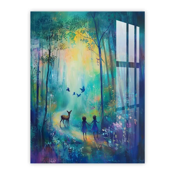 Magical Forest Adventure – Kids Exploring with Deer and Birds Metal Poster
