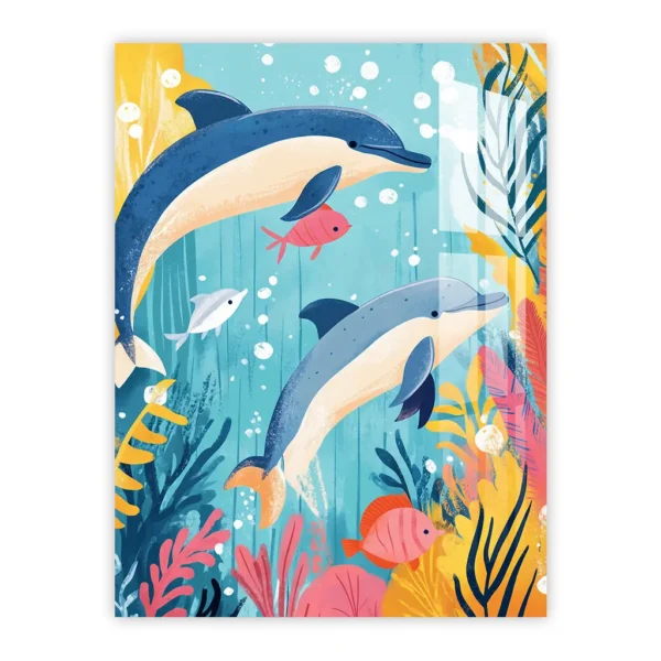 Playful Dolphins in Coral Reef – Colorful Underwater Nursery Art Metal Poster