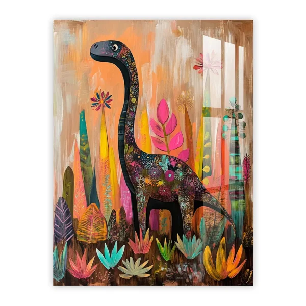 Whimsical Dinosaur Nursery Art – Colorful Brontosaurus Metal Poster for Kids’ Rooms