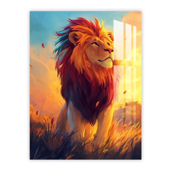 Majestic Lion with Colorful Mane – Sunset Safari Nursery Art Metal Poster