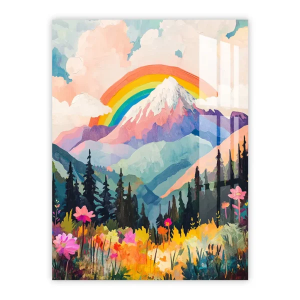 Whimsical Mountain Landscape with Rainbow – Colorful Nature Art for Kids’ Rooms