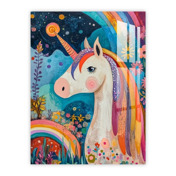 Whimsical Unicorn in a Rainbow Forest – Magical Nursery Art Metal Poster